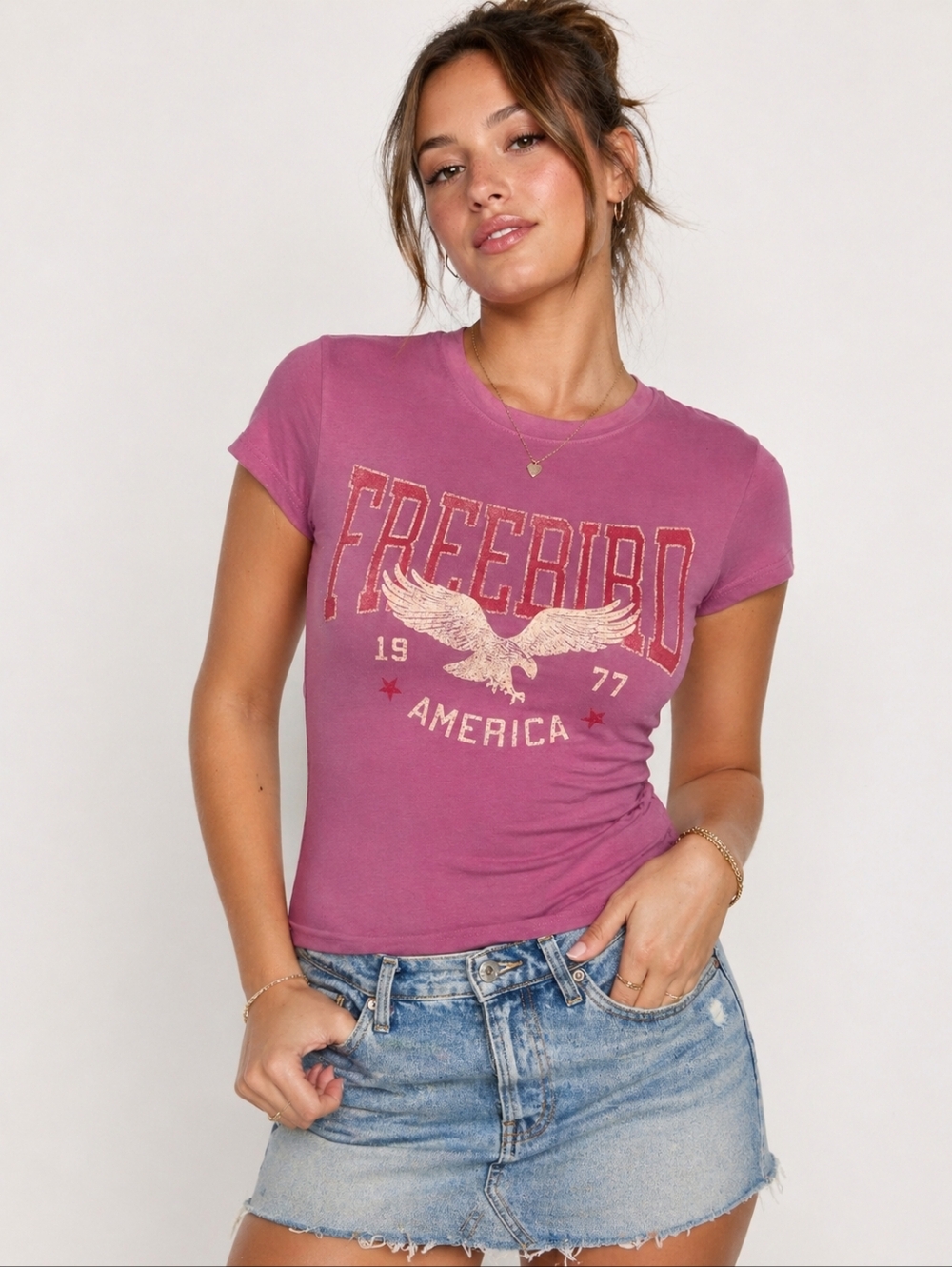 Y2K Freedom America Eagle Graphic Baby Tee Pink Stretch Top NWT